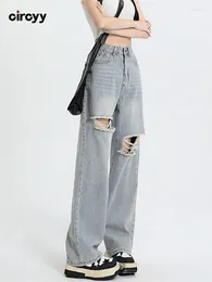 Women's Jeans Circyy Ripped For Women High Waisted Light Blue Denim Pants Straight Loose Wide Leg Full Length Trousers Spring 2024