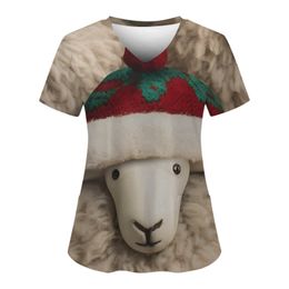 T Shirts 3D Cat Print T-shirts V Neck Woman Clothes Cute Uniforms Nurse Christmas Short Sleeve Tops With Pocket Women's Clothing