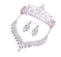 2019 New Pierced Earrings Necklace Crown ThreePiece Rhinestone Wedding Jewellery Set Crown Headwear Tiaras Women Banquet Bridal Acc6665269