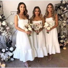 White Bridesmaid Dresses Chiffon A Line Straps Tea Length Custom Made Cheap Maid Of Honour Gown Beach Wedding Guest Party
