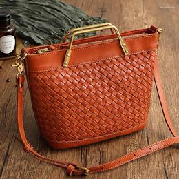 Evening Bags Hand Woven Women Tote Bag Ladies Genuine Leather Vintage Handbag 2024 Simple Solid Colour Natural Cowhide Shoulder Crossbody