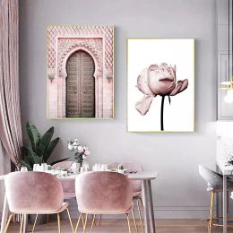 Pink Flowers Arabic Slogans Allah Islamic Art Mural Muslim Poster Printing Mural Modern Living Room Room Home Decor Painting