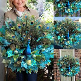 Decorative Flowers Fancy Peacock Pattern Wreaths Front Door Wreath Beautiful Blue Decoration Garland For Party Wedding