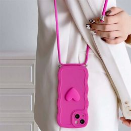 Luxury Crossbody Necklace Lanyard 3D Love Heart Wave Border Soft Case For iPhone 15 14 Pro Max 13 12 11 X XS XR 7 Plus Cover