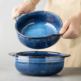 Bowls Blue 8-inch Large Double Ear Bowl Ceramic Instant Noodles Kiln Household Soup And Tableware With Handle