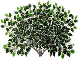 12Pcs Artificial Variegated Ficus Leaves Trees Branches Greenery Indoor Outdoor Plant for Office House Farmhouse Home garden decor2237228