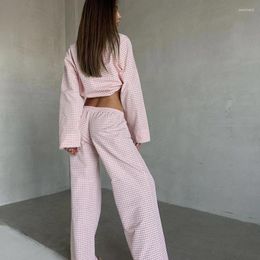 Home Clothing Spring Warm Pink Plaid Pure Cotton Fresh Long Sleeved Pants Two-piece Set For Women's Wear