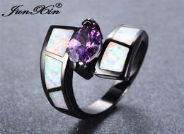 JUNXIN Boho Female Male WhiteBlue Fire Opal Rings For Women Black Gold Filled Pink Purple Zircon Marquise Ring Wedding Jewelry3425748