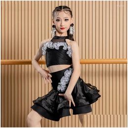 Stage Wear Kids Latin Dance Costume Girls Performance Clothes Blue Black Dress Suit Cha Rumba Ballroom Competition Dnv20128 Drop Deliv Otzsa
