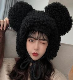 Women Winter Thicken Plush Furry Warm Ear flap Hat Cute Bear Ears Windproof Animal Beanie Cap with drawstring8643743