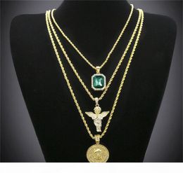 Hip Hop Gold Plated Necklace Iced Out Rhinestone Crystal Jewelry Necklace Set With Angel Jesus Pendant Necklace Chain 9557216