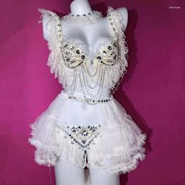 Stage Wear White Mesh Rhinestones Bikini Costume Female Bar Club DJ Singer Dance Outfit Birthday Celebration Crystals Bra Dresses For Prom