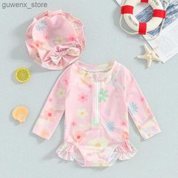 One-Pieces 6M-3T Baby Girl 2PCS Bathing Suit Set Long Sleeve Zip Up Flower Print Rash Guard Swimsuit + Sun Hat Infant Toddler Swimwear Y240412