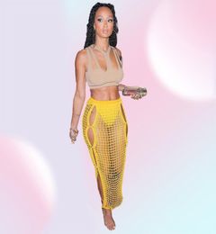 ANJAMANOR Sexy Crochet Knitted Long Skirts Summer Vacation Outfits Beach Club Wear Hollow Out Split Maxi Skirt Yellow D83DC17 Y084975624