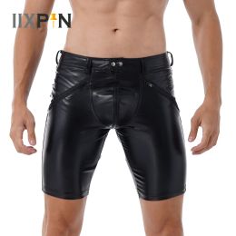 Pants Black Men Latex Wetlook Pants Sexy Soft Leather Middle Pants Full Zipper Workout Gym Fitness Shorts Fashion Punk Party Clubwear