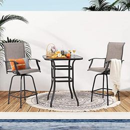 Shintenchi Patio Swivel Bar Set, All Weather Textile Fabric Outdoor High Stool Bistro Set with 2 Bar Chairs and Glass Table
