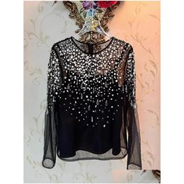 Womens Blouses Shirts Diamond Inlaid Slightly Transparent Plover Blouse Long Sleeve Round Neck Bottomed Autumn Style Shirt Drop Delive Dh7Zv