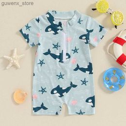 One-Pieces 0-3T Preschool SunscrEEn New Swimsuit Short SlEEved Round Neck Print Zipper GrEEn Blue Swimsuit Y240412