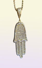 Boy Men Fatima Hamsa Hand Pendant Necklace Iced Out 5A Bling Cubic Zircon Thin Chain Hip Hop Gift Turkish Luck 5821841