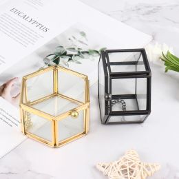 1PC 8*7*4.5cm Tranpartent Geometrical Glass Jewellery Box Hinged Top Lid with Metal Chain Jewellery Organise Holder Ring Box