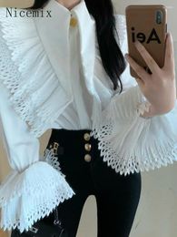 Women's Blouses Spring French Ruffle Edge White Shirt Women Tops Fashion Loose Hollow Out Unique Flare Sleeve Clothing