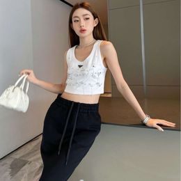 Two Piece Dress Niche Design Early Spring White Heavy Industry Crystal Chain Embroidered Bead Short Open Navel Suspended Tank Top for Women