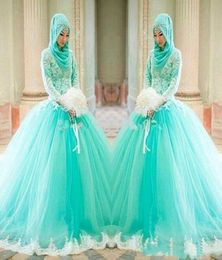 Charming Mint Green Colourful Muslim Cheap Wedding Dresses 2019 High Neck White Applique Lace White Sweep train Long Sleeves Bridal2489733