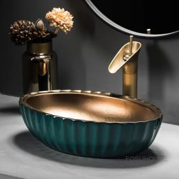 High-end Hotel Bathroom Washbasins European Green Gold Art Bathroom Sinks Home art Washing Sinks Domestic Luxury Bathroom Basin