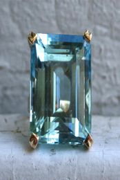 Sea Blue Topaz Stone Princess Diamond Engagement Sapphire Ring 14K gold Anillos for women Bizuteria jade jewelry Y11246153647