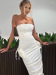 Casual Dresses Strapless Drawstring Ruched Midi Dress For Women Fashion Off-shoulder Sleeveless Backless Bodycon Sexy Long