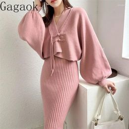 Work Dresses Gagaok Two Piece Set Lazy Style Lace Up Lantern Sleeve Knitted Cardigan Thick Suits Women Sweater Coat Slim Hanging