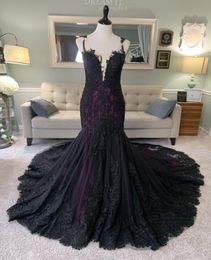 Black Purple Gothic Mermaid Wedding Dress With Sleeveless Sequined Lace Non White Colourful Bride Dresses Custom Made9685594