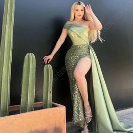 OEING 2024 Olive Green One Shoulder Evening Prom Gown High Side Slit Cocktail Party Dresses Satin Sequined Floor Length