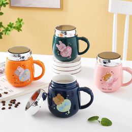 Mugs Ceramic Cup With Lid Spoon Mirror Insulation Cute Cartoon Mug Creative Couple Office Gift Printing