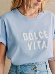 Women's T Shirts Women Light Blue Tee Letter Printed Casual Cotton Summer 2024 Female Short Sleeve Round Neck Tshirts