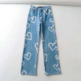 Love Printed Wide Leg Pants for Women in the Autumn of 2021, New European and American Style Loose Fitting Straight Leg High Waisted Jeans 01