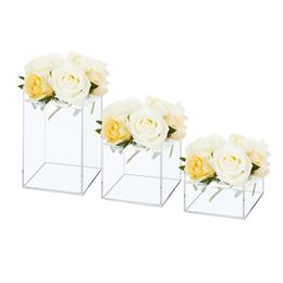 3 Pcs Clear Acrylic Flower Vase Floral Different Heights Riser Box For Dining Table Decorative Home Wedding Centerpiece Decor