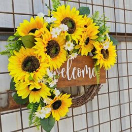 Decorative Flowers Sunflowers Wreath With Welcome Artificial Spring Front Door For Outdoor Garden Wedding Party Decorations