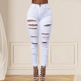 Women's Pants Women Cotton Blend Jeans Casual Solid Colour Trousers For Stylish Ripped With High Waist Slim Fit