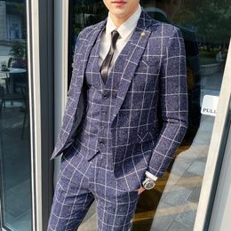 Blazer Vest Pants Stripe Plaid Mens Formal Business Office Suit Groom Wedding Dress Party Stage Host Men Korean Slim Tuxedo 240412