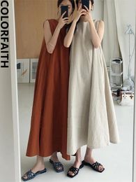 Colorfaith DR1977 Chic Sleeveless Oversized Korean Cotton And Linen Elegant Vintage Womens Summer Pure Long Dresses 240412