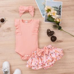 Shorts 3 6 9 12 18 Months Newborn Girls Clothes Sleeveless Ribbed Romper+ruffles Floral Print Shorts+headband Suit 3 Pcs Infant Outfits