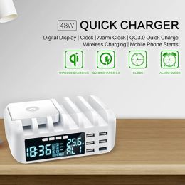 Chargers KEPHE QI Wireless Charger Fast 6 USB Charger Quick Charge 3.0 Wireless Charging Clock LCD Display for iphone xiaomi Huawei