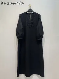 Casual Dresses Kuzuwata U Neck Simple Mid-length Lantern Sleeve Robe Loose Stretch Waist Solid Vestidos Japan Moda Profile