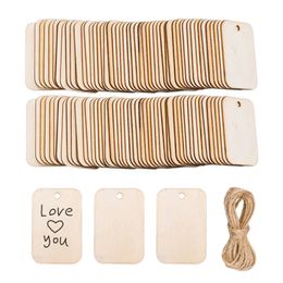 25/50Pcs Unfinished Wooden Slice Tags Blank Rectangle Wood Hanging Label With Rope DIY Crafts Wedding Birthday Party Decor