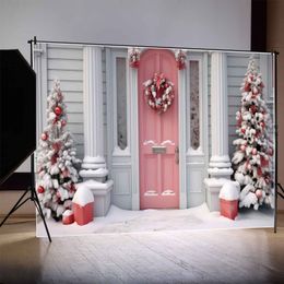 MOON.QG Photography Backdrop Pink Christmas Door Porch Snow Wreath Tree Background Red Balls Bean Lamp Children Party Decoration