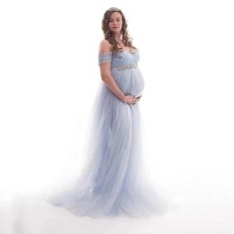 One Line Collar Lace Mesh Maternity Photography Dresses Pregnancy Shoot PhotoTrailing skirt Sexy Daily Pregnant Women's Clothing