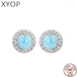 Stud Earrings Concise Classic Charm 925 Sterling Silver Zircon Jewellery Gifts Retro Flower Natural Precious Larimar For Woman