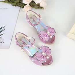 Girls Sandals Rhinestone Bow Latin Dance Shoes 513 Years Old Children Sandalias Summer High Heel Princess Kids 240329