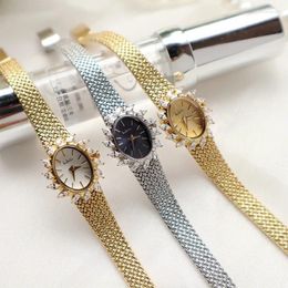 Wristwatches 18k Gold Vintage Oval Dial Quartz Wristwatch Waterproof Knit Band Bracelet Ring Chain Dress Ladies Watch Top Gift Clock Reloj